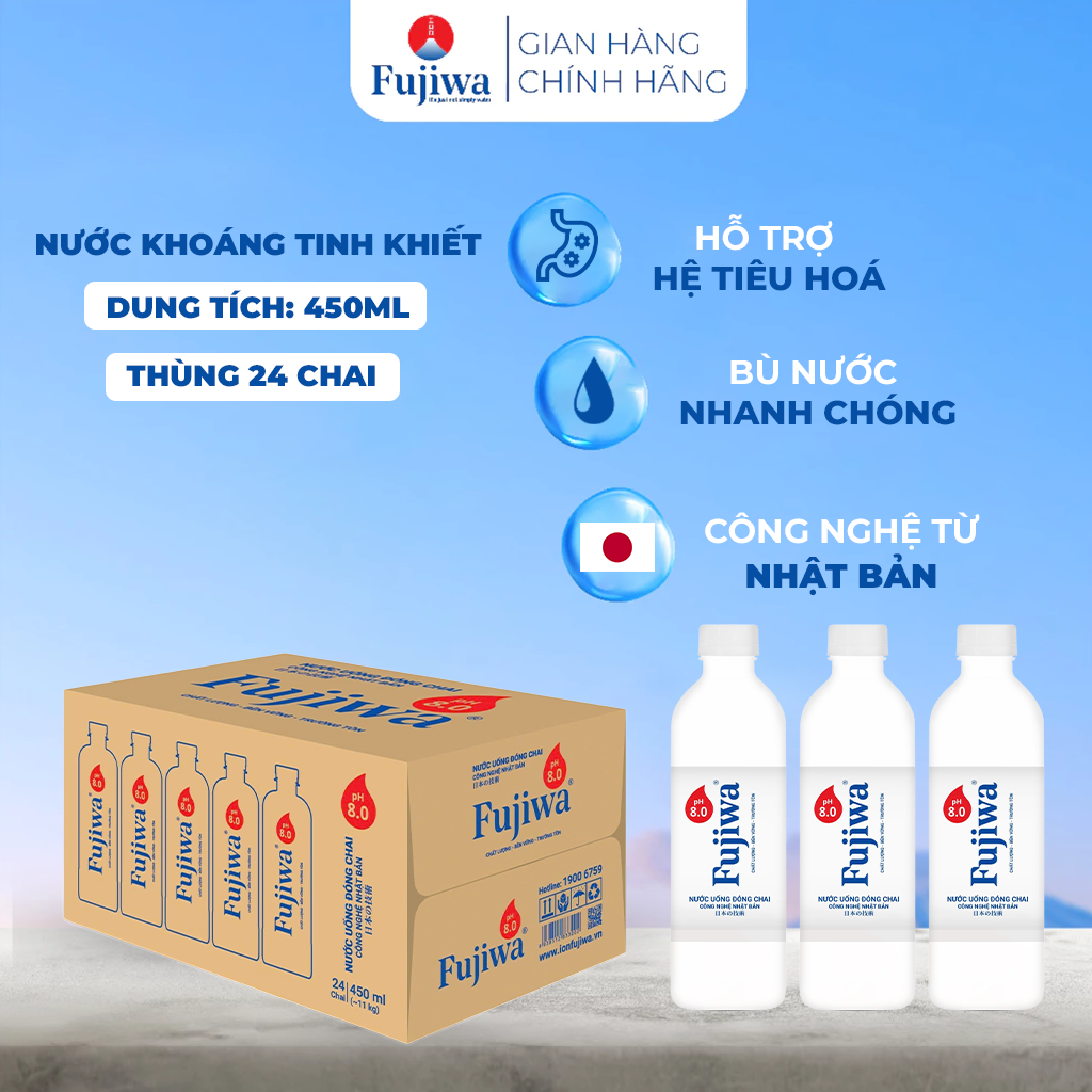  Fujiwa Nước Khoáng Kiềm Tinh Khiết Đóng Chai pH8 - thùng 24 chai 450ml Giàu vi khoáng tự nhiên bổ sung kiềm nhẹ 