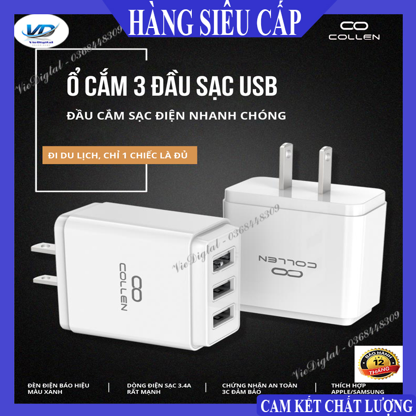 Củ sạc, củ sạc nhanh, củ sạc nhanh 3.4a, củ sạc 3 cổng, củ sạc 3 chân cắm usb chính hãng collen đa năng cho điện thoại, bảo hành 12 tháng, lỗi 1 đổi 1 trong 30 ngày
