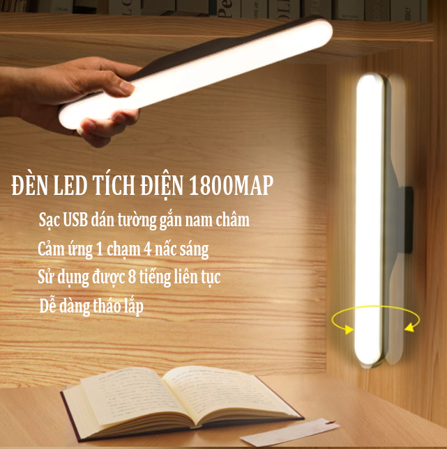 Đèn led gắn tường tích điện 1800mAh sạc USB dán tường gắn nam châm, để bàn học bàn làm việc cảm ứng 1 chạm