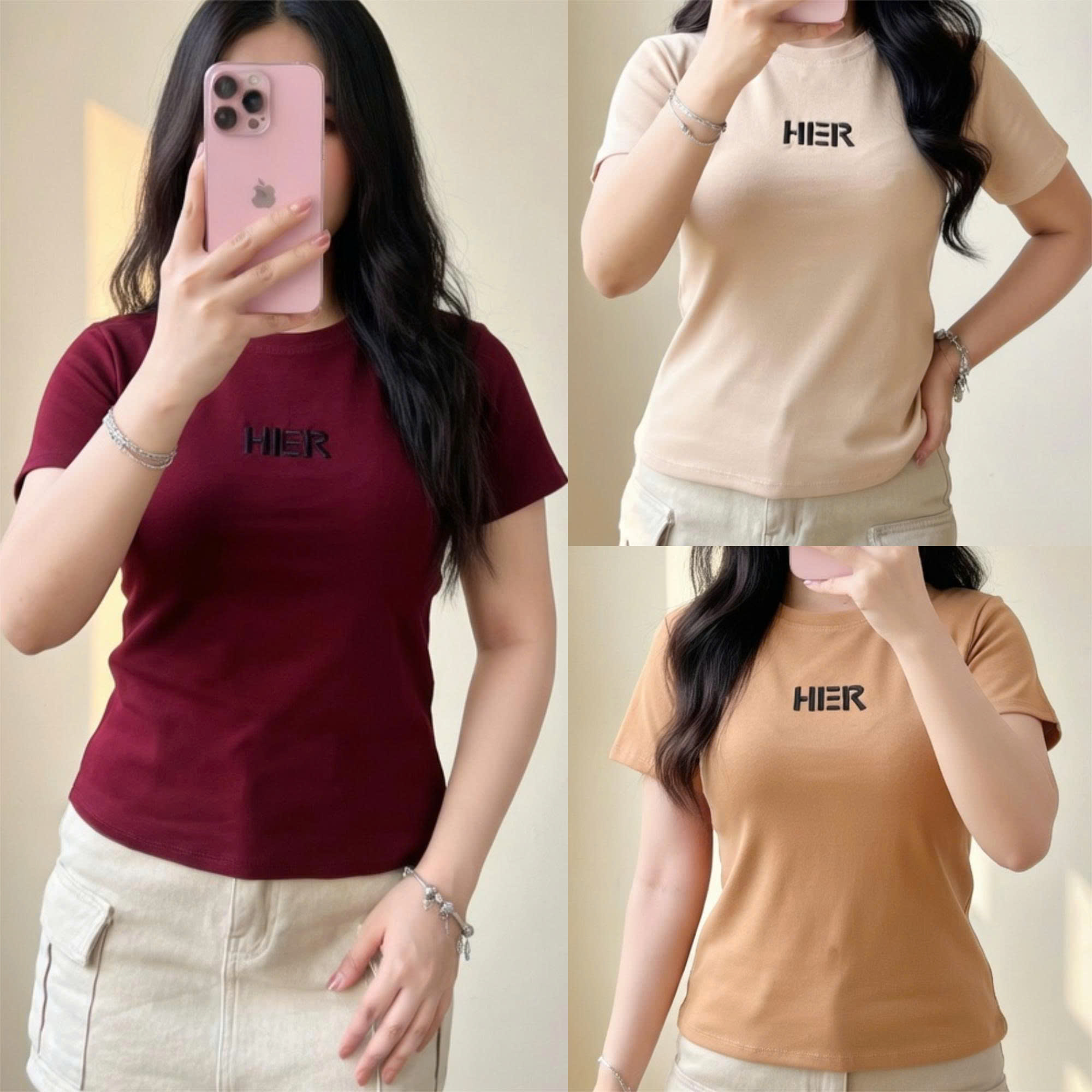 Áo thun babytee DOGA thêu nổi chữ HER cao cấp, 5 size đủ màu, chất COTTON BORIP mềm mát M214