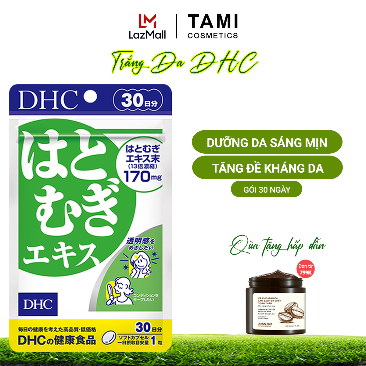 Viên uống trắng da DHC Adlay Extract Nhật Bản thực phẩm chức năng giúp da mềm mịn, giảm thâm, tăng cường đề kháng da có vitamin E gói 30 ngày TA-DHC-ADL30