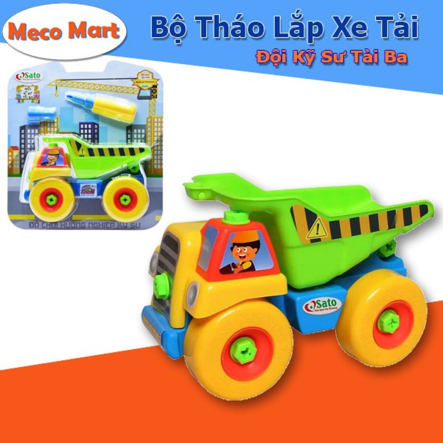 Đồ chơi xe tải, máy xúc, máy cẩu, đội kỹ sư եài ba sato55, bộ đồ chơi trẻ em, nhựa an toàn , đồ chơi trí tuệ trẻ em meco