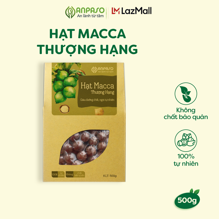 Hạt Macca ANPASO Gia Lai thượng hạng thơm ngon, giòn tan, bổ dưỡng, ăn vặt, eatclean, keto, ăn kiêng 500gr