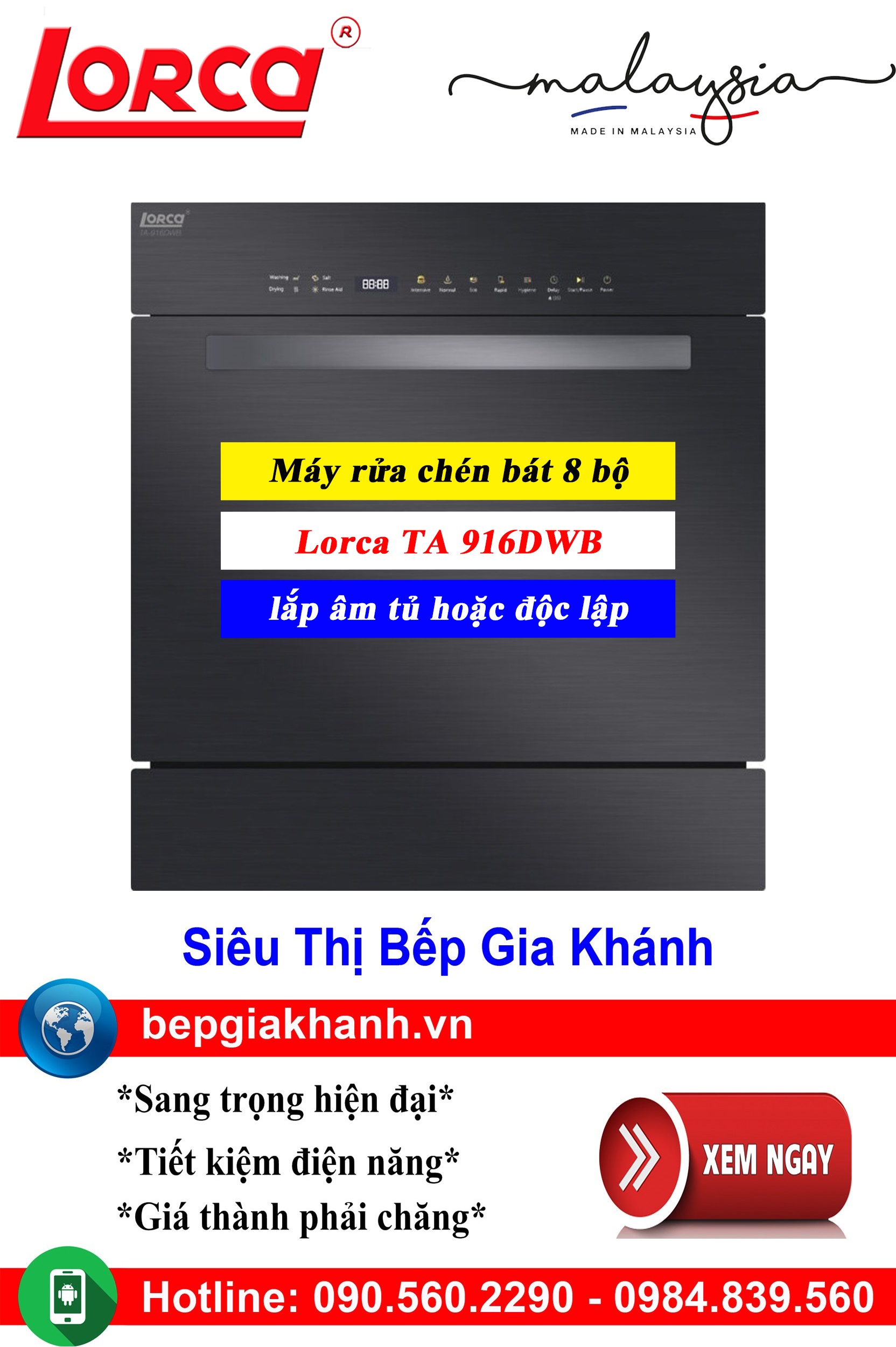 Máy rửa bát 8 bộ Lorca TA 916DWB nhập khẩu Malaysia, máy rửa chén, máy rửa chén bát, máy rửa bát, máy rửa bát giá rẻ, may rua bat, may rua chen, may rua bat gia re
