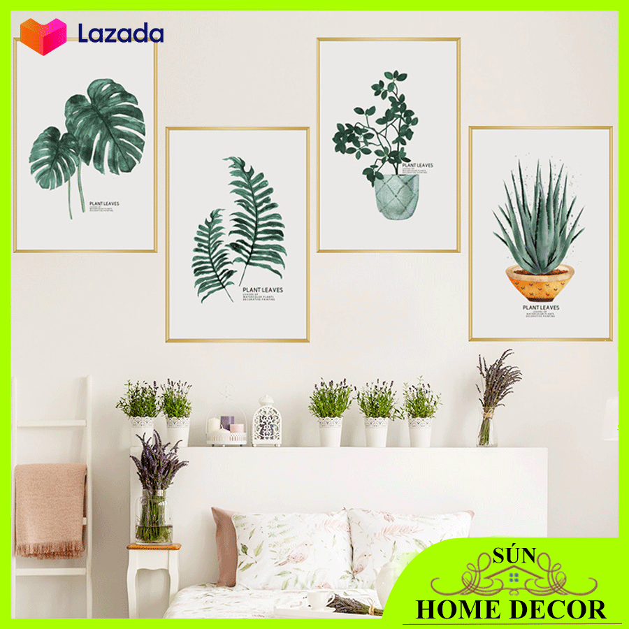 [COMBO 4 TRANH] Tranh decor dán tường decal trang trí tường phòng khách phòng ngủ mẫu cây lá