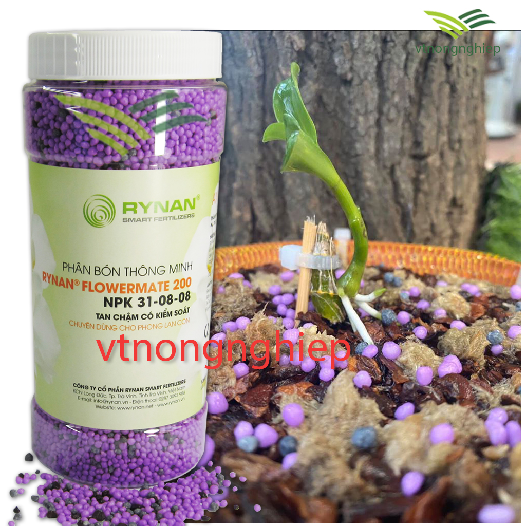 Phân bón thông minh Rynan flowermate-200 lọ 1360- Phân bón tan chậm, npk 31-08-08 chuyên dùng cho hoa lan con