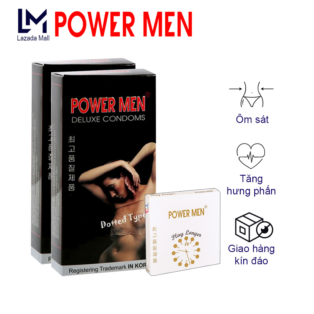 Combo 2 Hộp Bao cao su có gai size chuẩn ôm sát Powermen Dotted Type Hộp 12 chiếc - Tặng 1 BCS gân gai , kéo dài thời gian quan hệ Power men