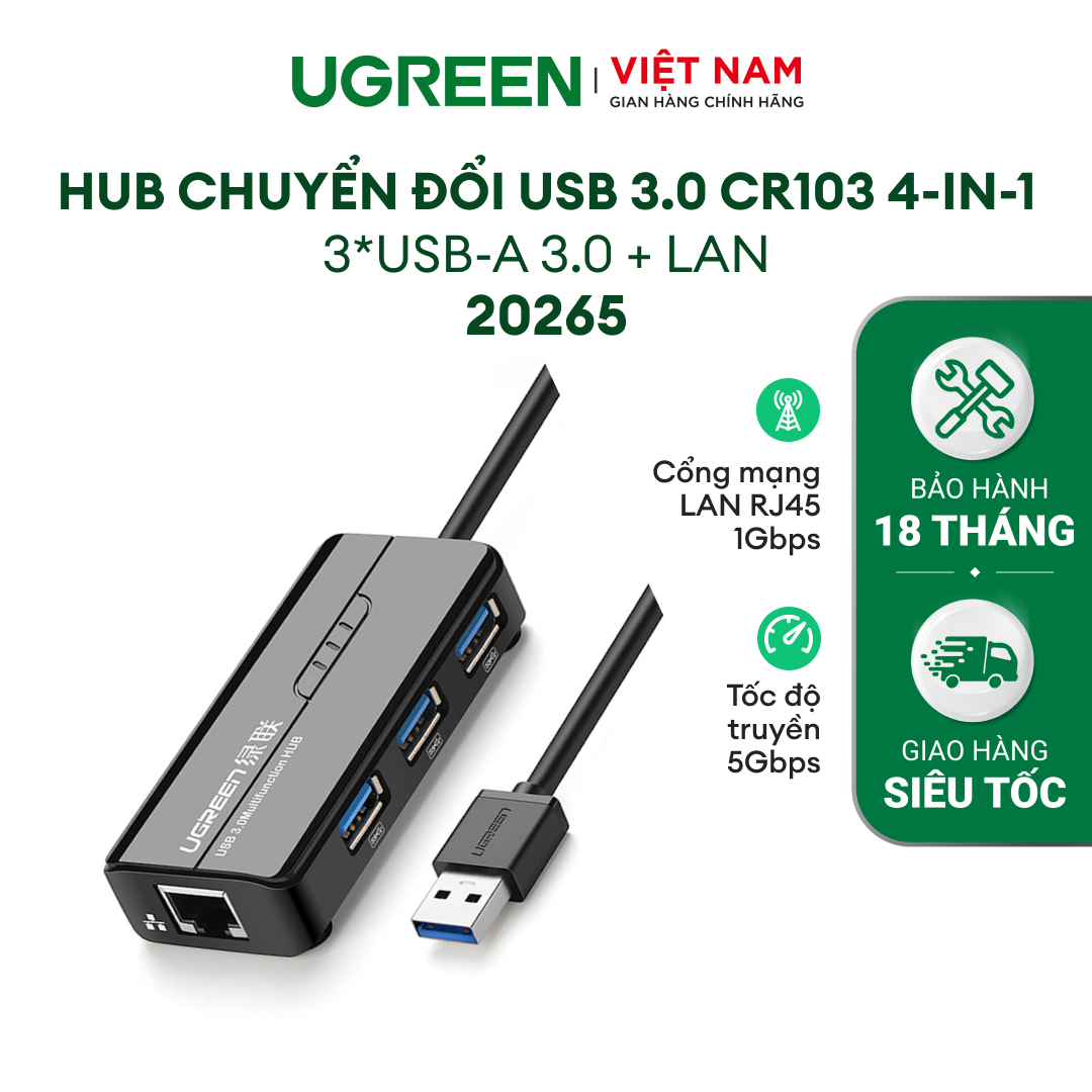 Hub usb 3 cổng 2.0/3.0 kèm cổng mạng lan 10/100mbps ugreen cr103 & cm416 | chipset asix ax88772a | tốc độ truyền tải dữ liệu lên đến 480mbps | bảo hành 18 tháng 1 đổi 1 | 20264 20265 20984 20266