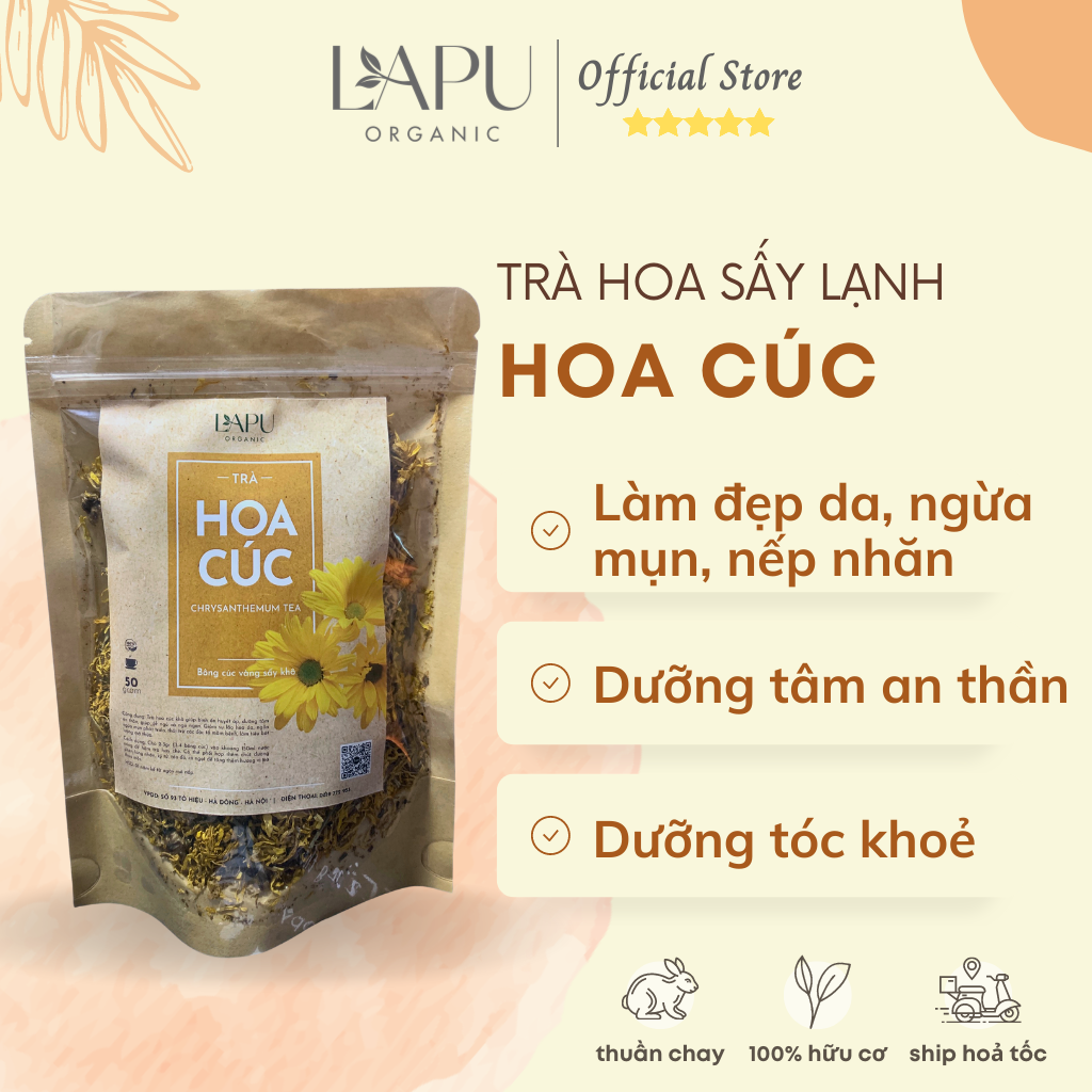 Trà hoa cúc, trà hoa cúc sấy lạnh LAPU ORGANIC giúp ngủ ngon, giảm stress làm đẹp da, chống lão hoá