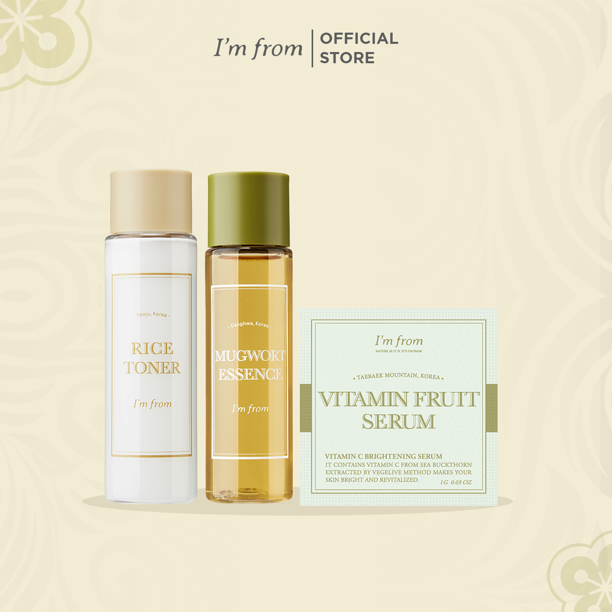 Qt i'm from mugwort essence 30 ml+qt i'm from rice toner 30ml+qt i'm from vitamin fruit serum 1g