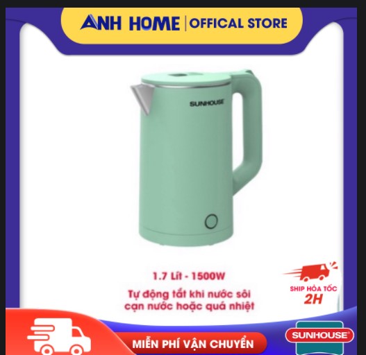 Ấm đun nước siêu tốc inox 2 lớp 1.7l xanh sunhouse bình đun nước siêu tốc - gia dụng anh home cao cấp