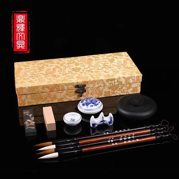 Bộ văn phòng tứ bảo luyện viết thư pháp gồm Bút lông, Nghiên mực tàu, mực mài, triện mộc thư pháp - QQ Books
