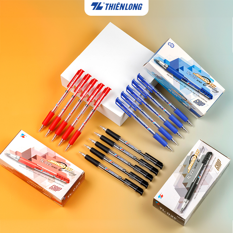 Combo 5 10 20 Bút bi Thiên Long TL-025 ngòi 0.8mm mực xanh đỏ đen có tấm đệm mềm giúp cầm êm tay và giảm trơn khi viết