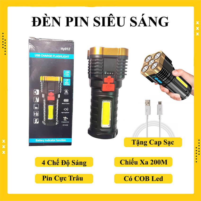 [FREE SHIP] Đèn pin cầm tay siêu sáng chiếu xa 200m 5 bóng Led, chống thấm nước 4 chế độ sáng, pin dung lượng cao, có COB đèn cạnh, đèn pin siêu sáng, đèn pin cầm tay mini