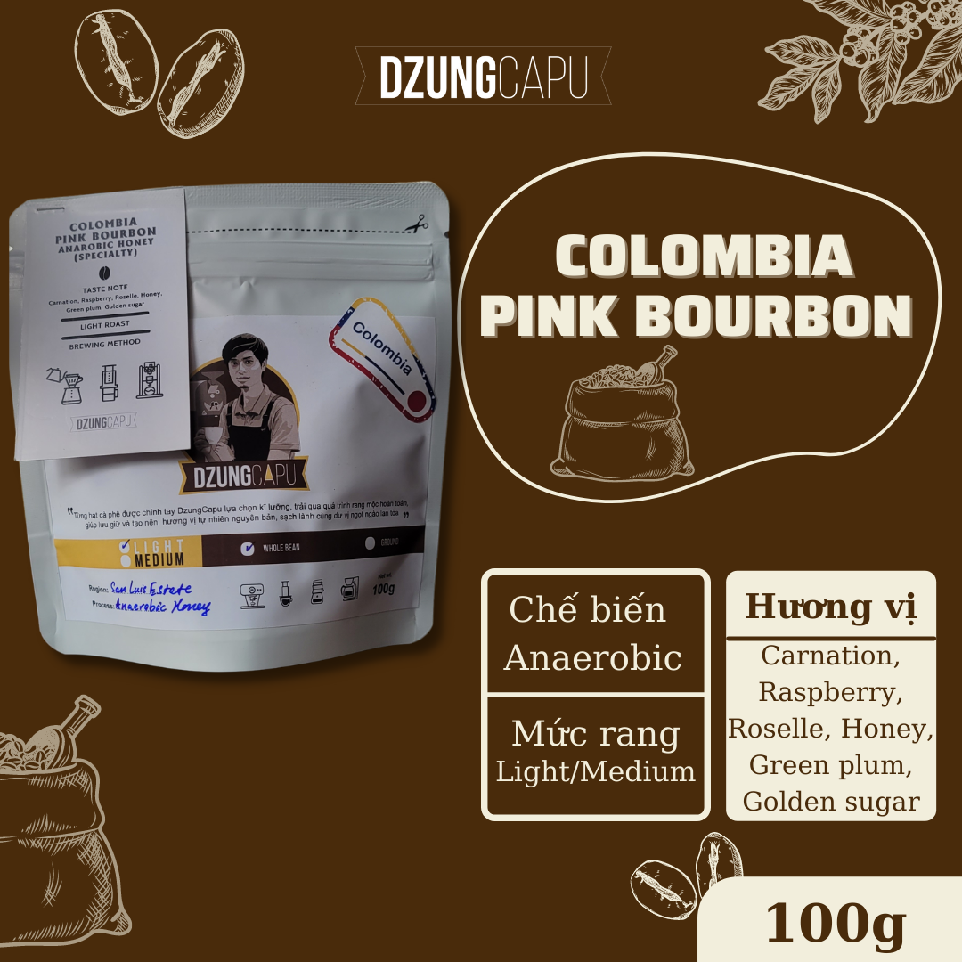 Cà phê Colombia Pink Bourbon - Gói 100g - Sơ chế Washed - DzungCapu Specialty Coffee