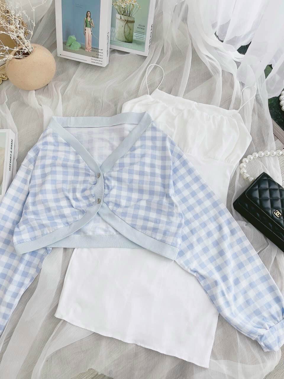 Set đầm hai dây cúp ngực kèm áo khoác cardigan croptop siêu xinh xắn