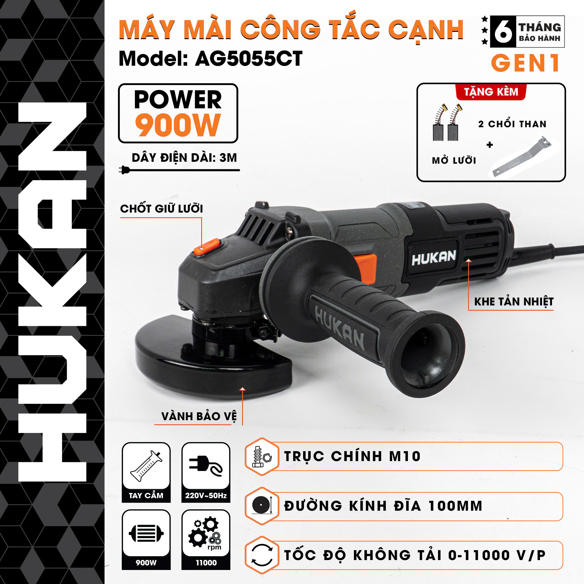 Máy Mài Cầm Tay HUKAN AG5055CT, Công tắc cạnh, 6 Tốc độ, Công Suất 900w