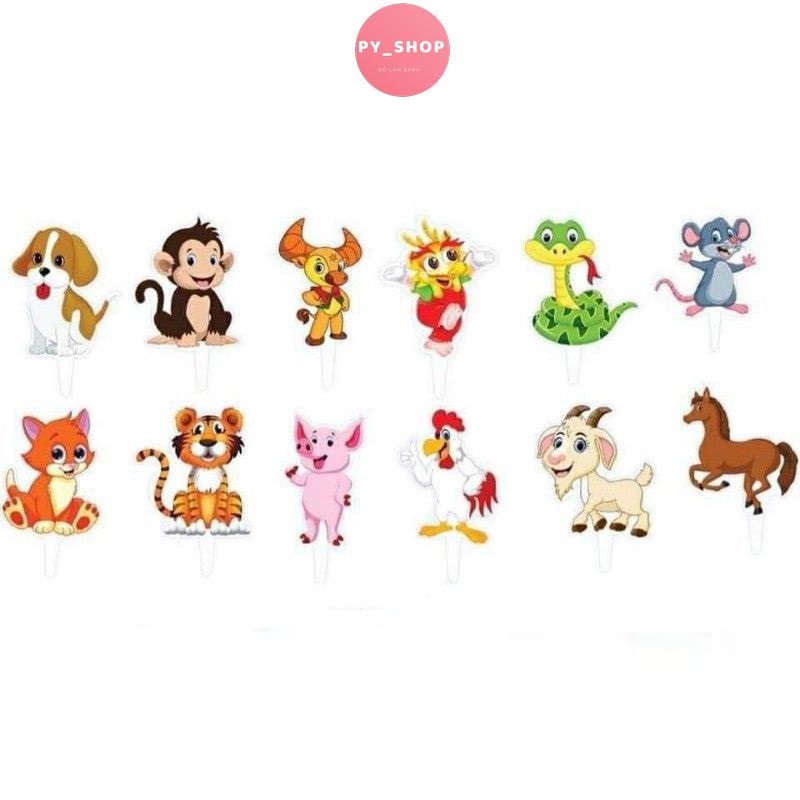 Bộ 240 thẻ cắm chọn bộ 12 con giáp trang trí bánh kem, set cắm bánh