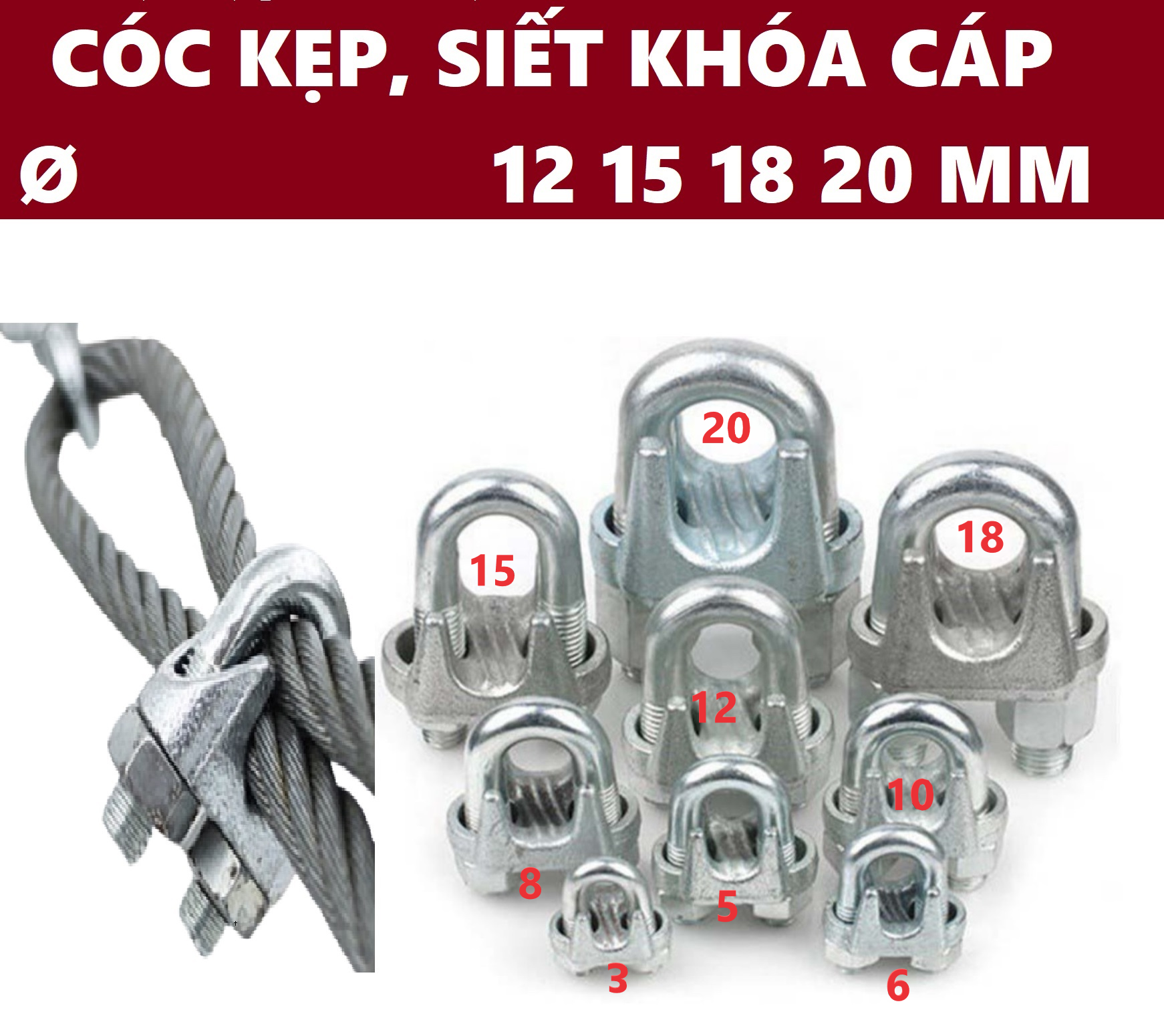 Cóc khóa dây cáp, cóc siết cáp ø 12 15 18 20 mm
