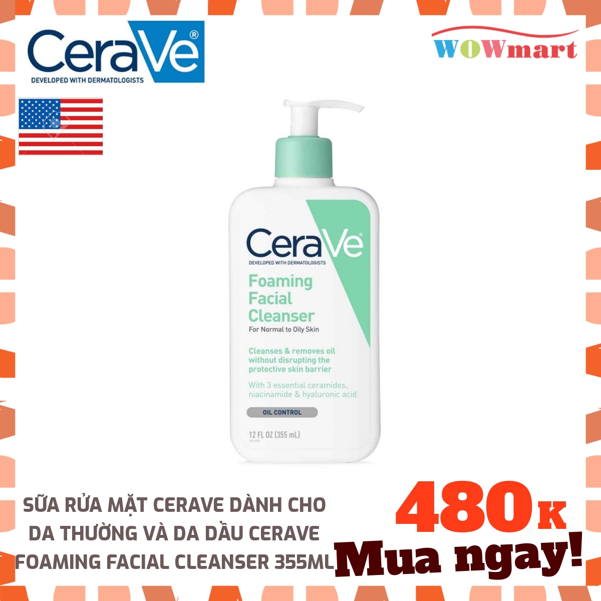 Sữa rửa mặt CeraVe dành cho da thường và da dầu CeraVe Foaming Facial Cleanser 355ml - MỸ