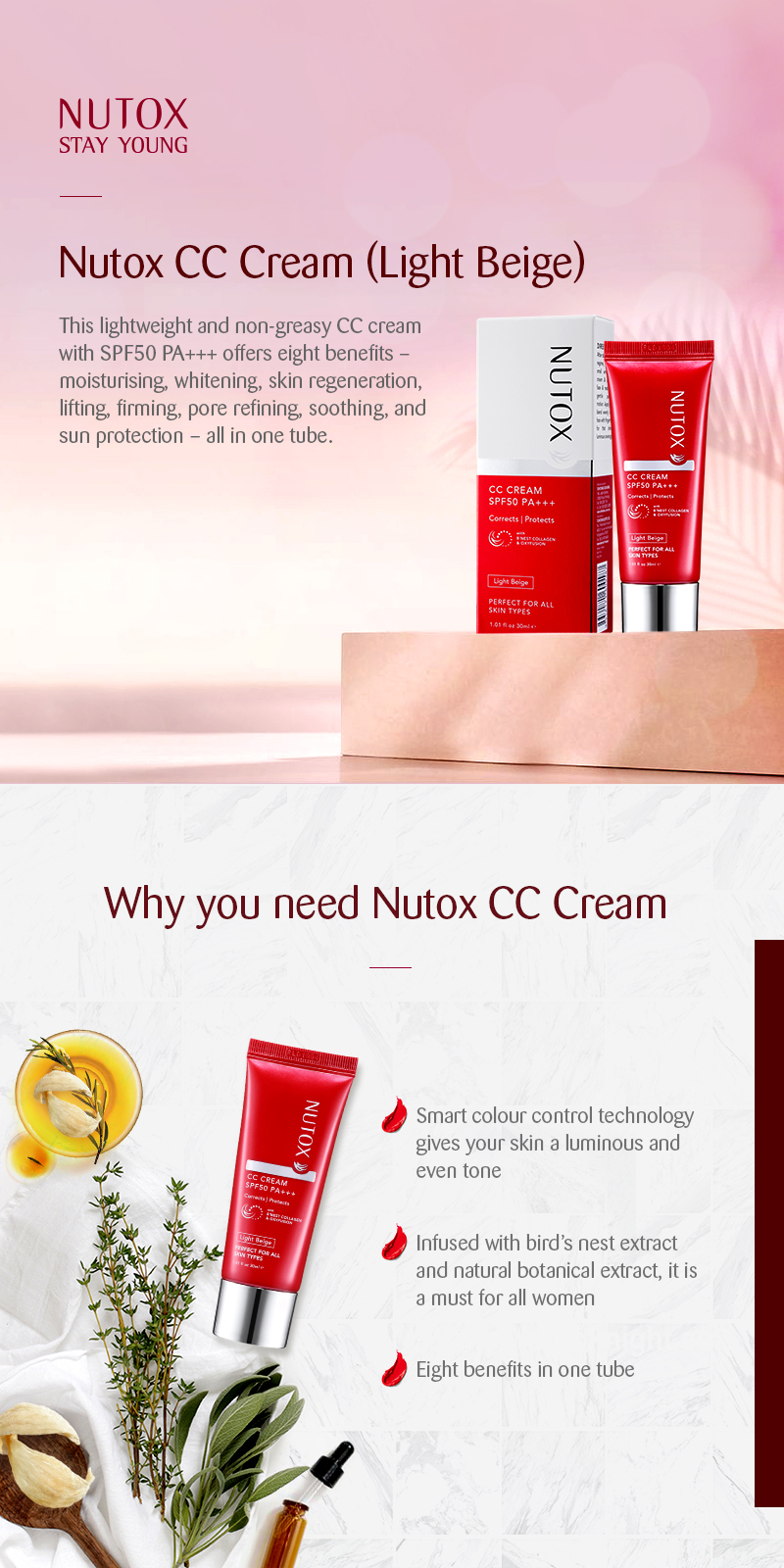 Kem cc trang điểm cao cấp nutox 8 trong 1 nutox cc cream spf50 light beige 30ml