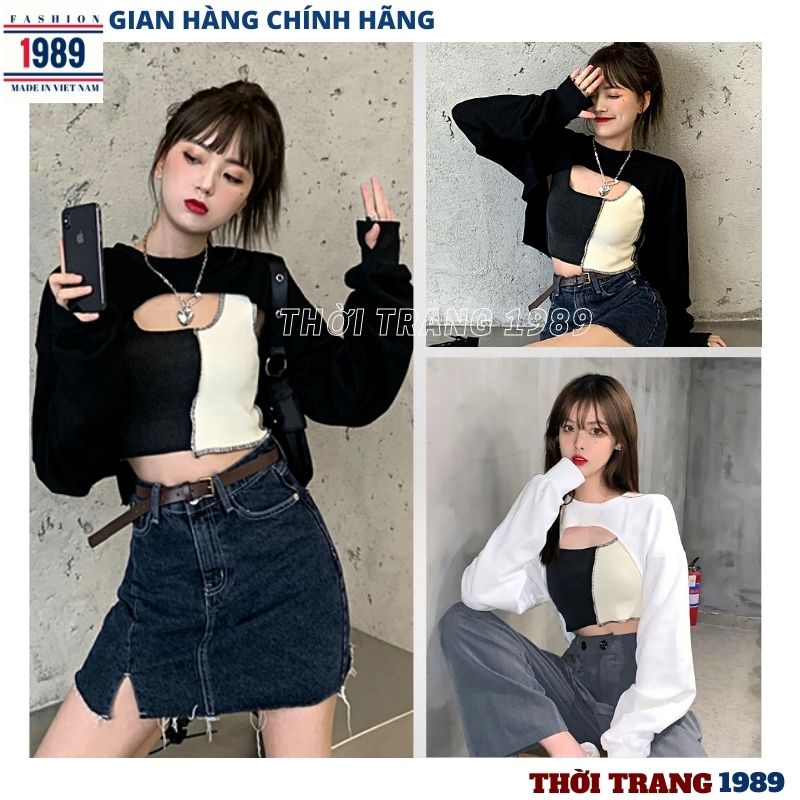 Bộ Áo Croptop Nữ Phối Màu Đen Trắng 🦋 Set Áo Croptop Dài Tay Kèm Áo Trong 2 Màu 🦋 áo croptop tặng kèm áo 2 dây ,croptop nữ ,áo croptop nữ ,áo 2 dây ,thời trang 1989