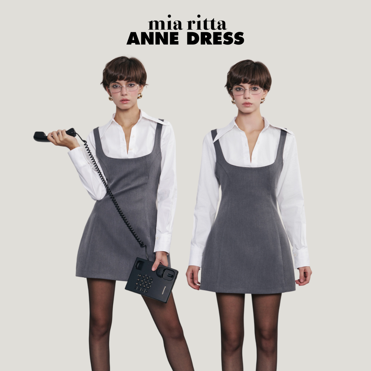 Váy liền phối sơmi Anne Dress Mia Ritta V1076 - Váy xám form A phối sơ mi dài tay