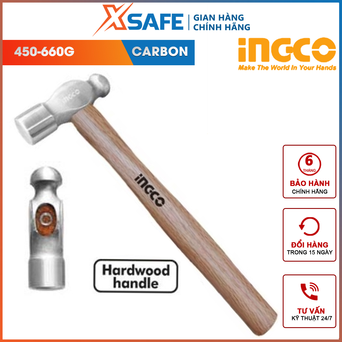 Búa đầu tròn INGCO | búa tay cầm gỗ Trọng lượng: 16oz-24oz / 450g-660g Tay cầm bằng gỗ cứng dùng để gò các dụng cụ bằng kim loại, đóng đinh, nhổ đinh,…