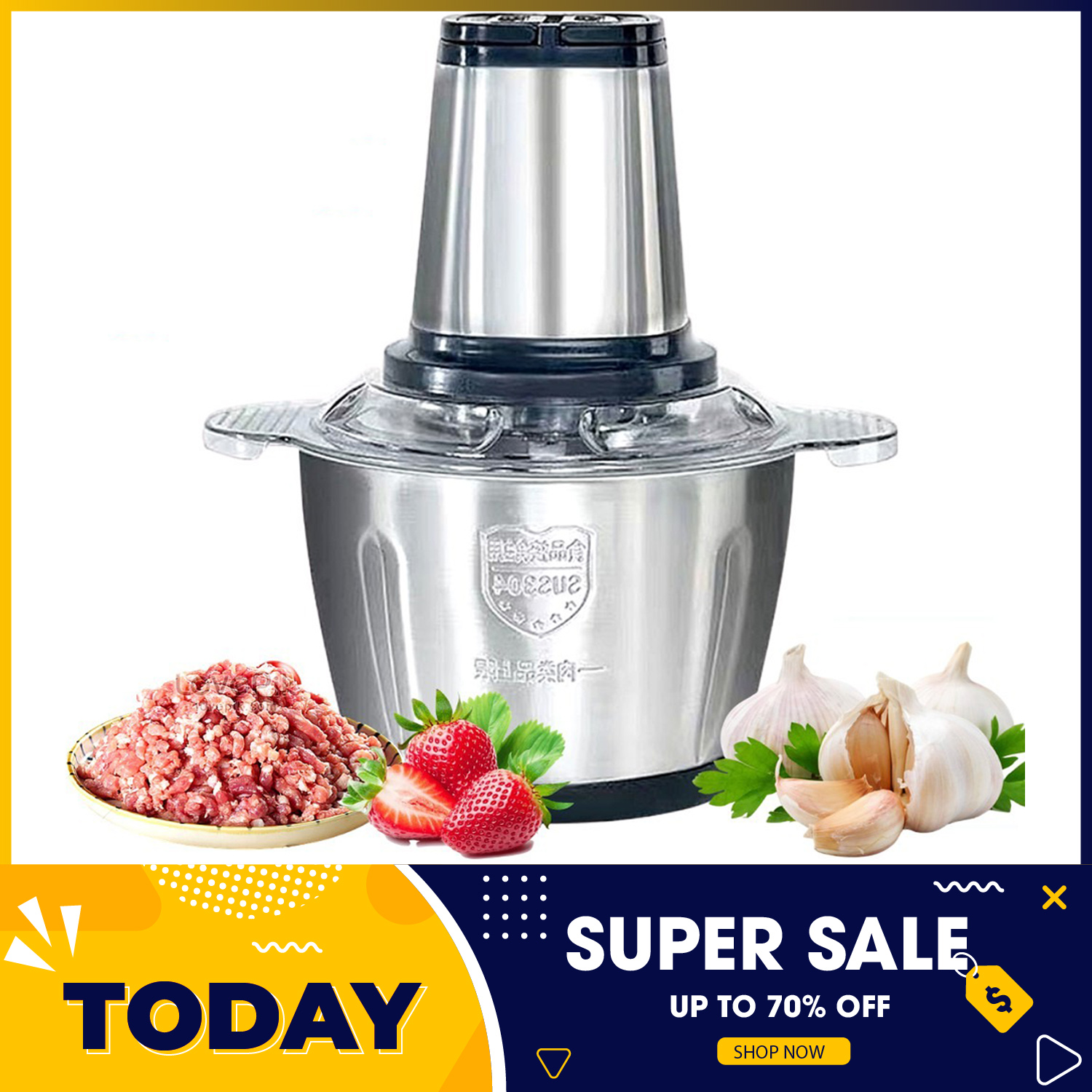Máy Xay Thịt Cối Inox 304, Máy Xay thịt bằng điện không rỉ, máy xay rau củ, cá, tỏi ớt đa năng công suất lớn, Máy Xay Thịt Đa Năng Cối INOX 2L, Cối xay thực phẩm, Cối xay thịt, Cối Inox xay thực phẩm