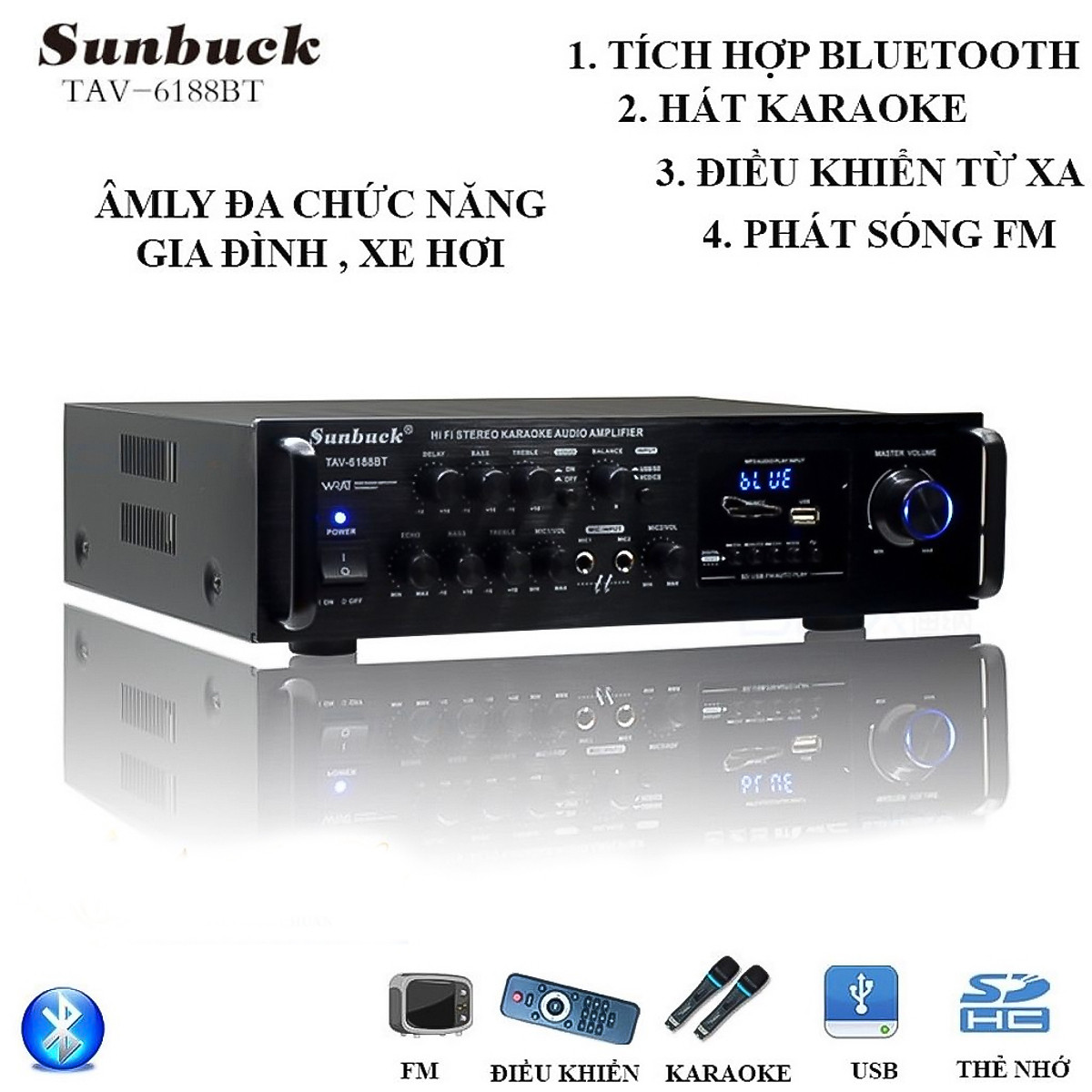 Amply karaoke bluetooth BT6188 chính hãng, có echo, supper bass công suất 200W + 200W kết nối đa dạng, bảo hành uy tín 12 tháng