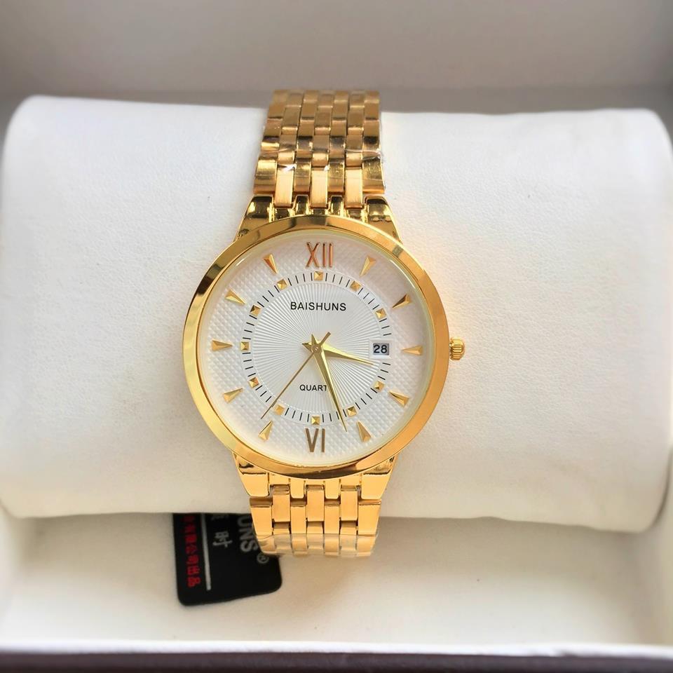 đồng hồ nam baishuns dây vàng mặt trắng có lịch ngày
