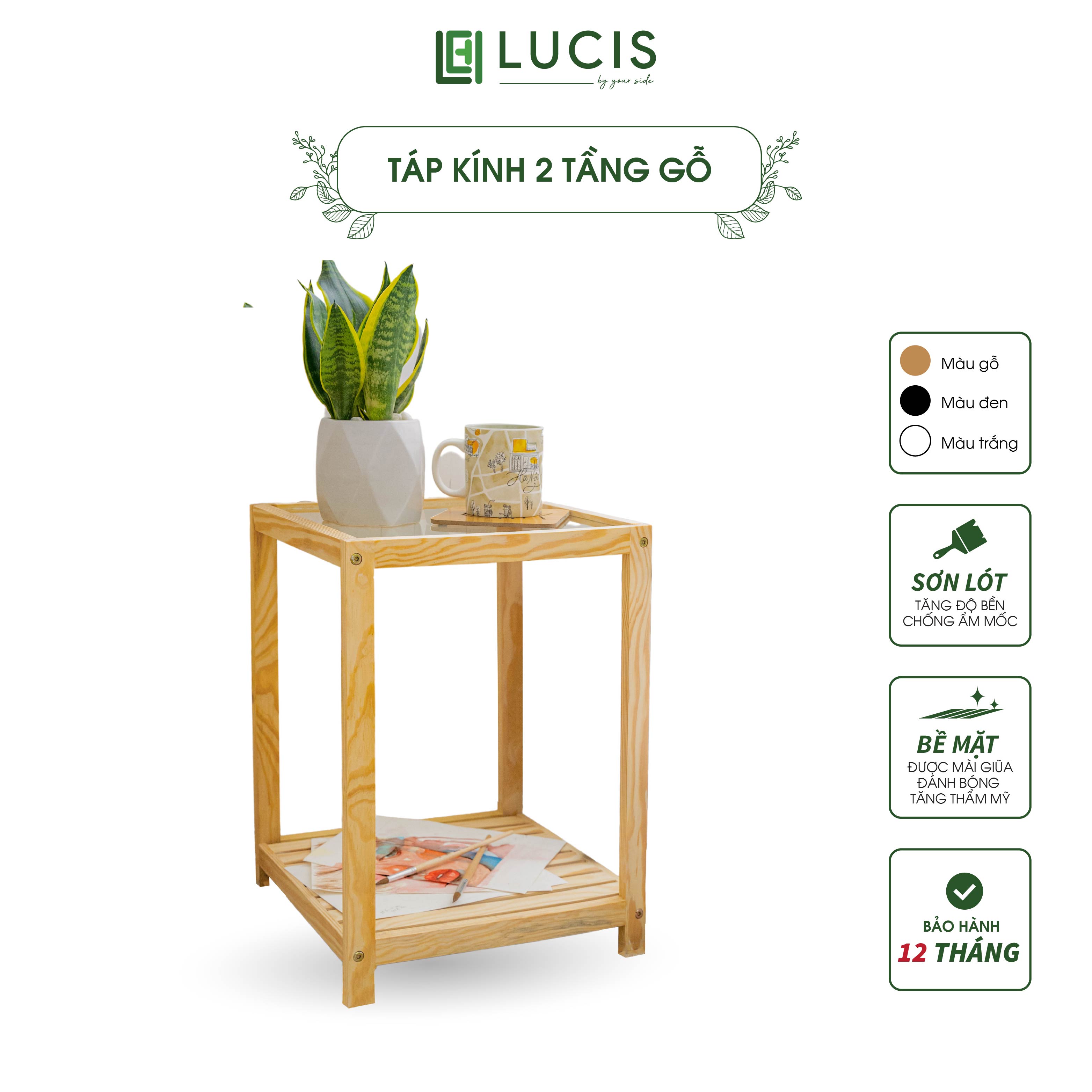 Kệ táp đầu giường mặt kính 2 tầng LUCIS nội thất phòng ngủ màu gỗ tự nhiên