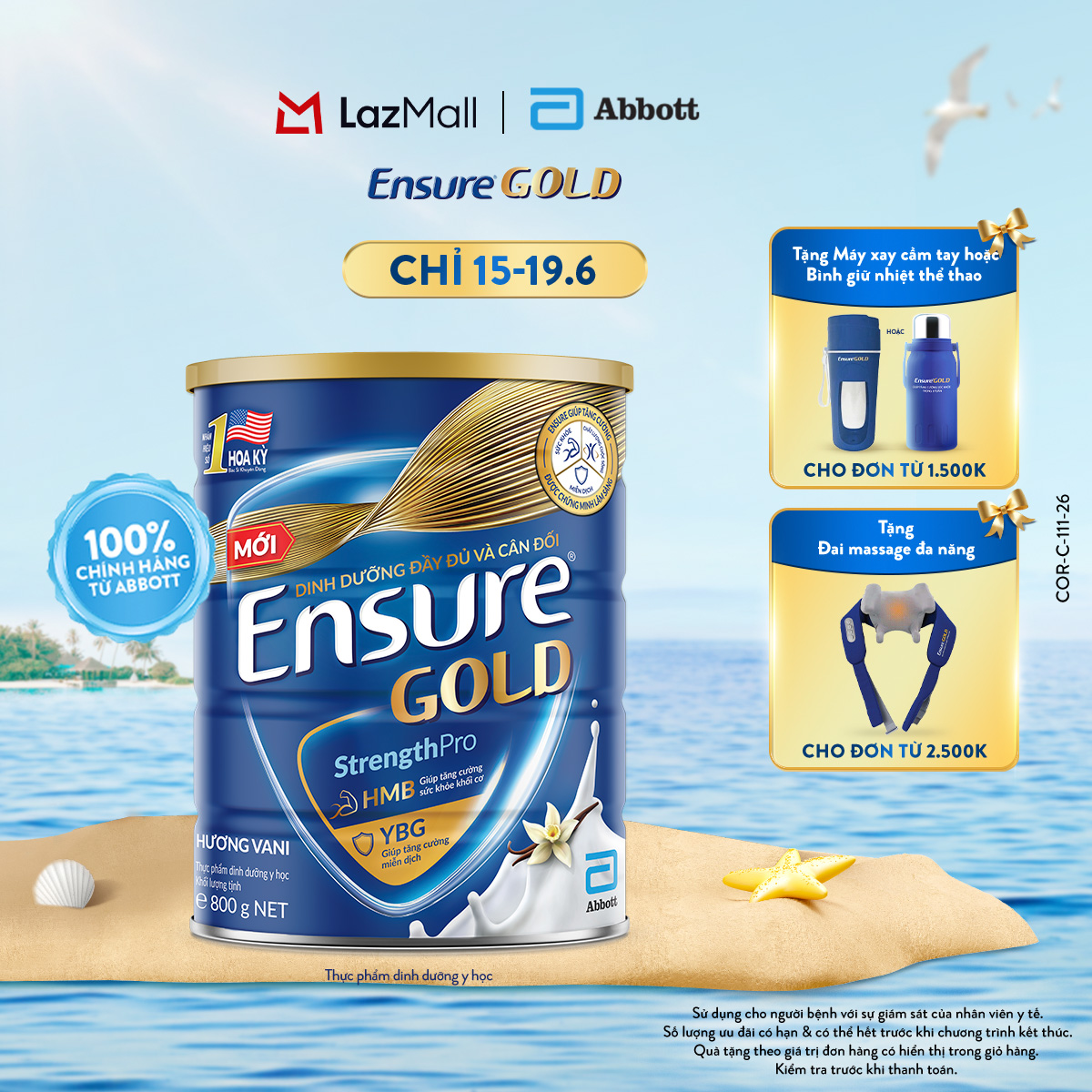 [CHỈ 15-19.06 QUÀ TẶNG CHO ĐH 1500K/2500K-SLCH] Lon sữa bột Ensure Gold hương Vani 800g