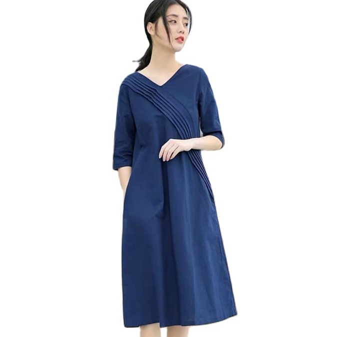 Đầm suông dáng chữ A cổ V tay lỡ xanh than, chất linen mềm mát, thời trang phong cách Hàn Quốc