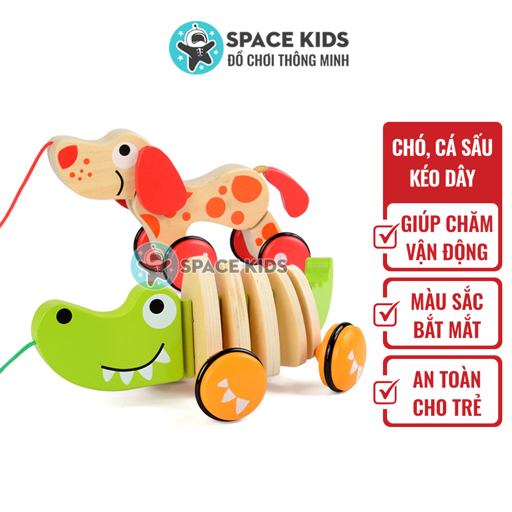 Đồ chơi trẻ em Cá sấu gỗ, chó gỗ có dây kéo cho bé vận động, vui chơi Space Kids, chất liệu gỗ tự nhiên, nhiều màu sắc