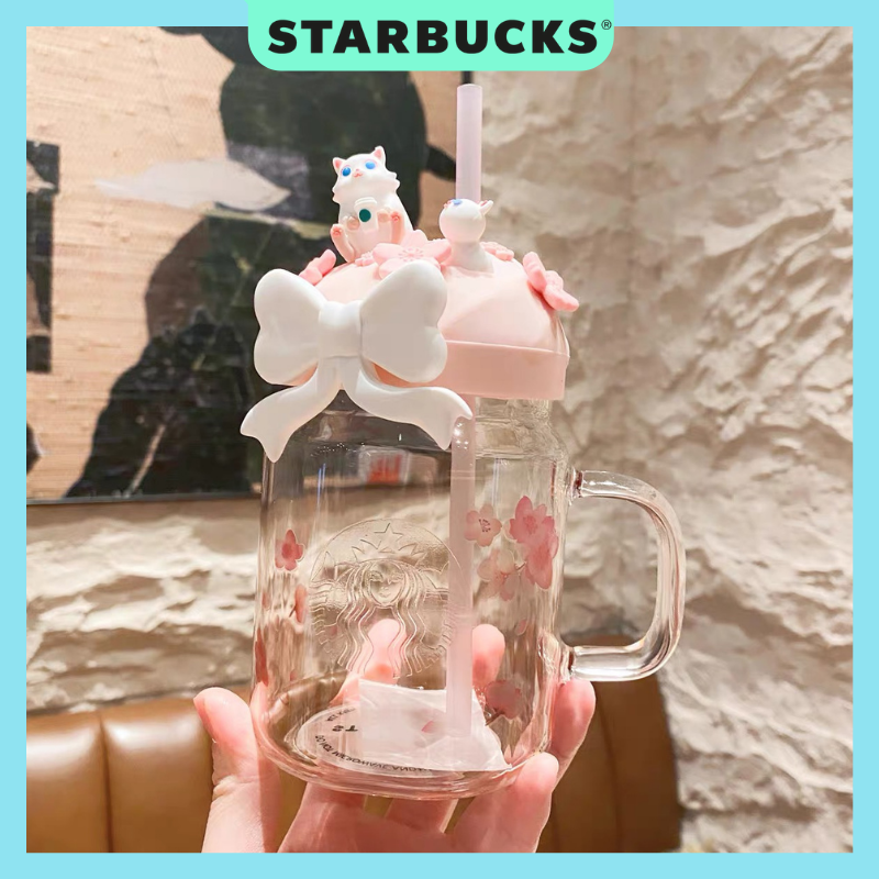 Ly thủy tinh STARBUCKS màu hồng Sakura có quai cầm và ống hút 400ml