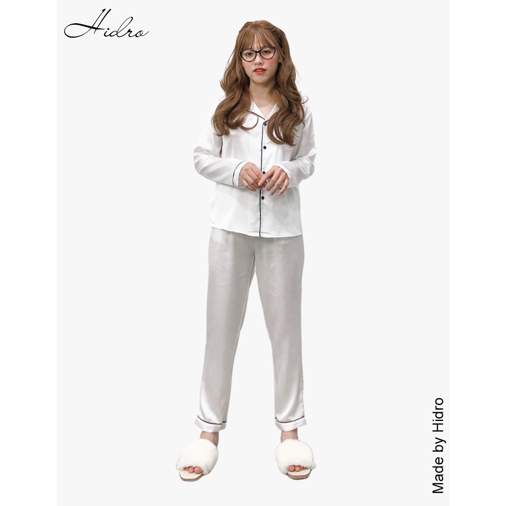 HIDRO Bộ ngủ pijama lụa satin trơn dài tay