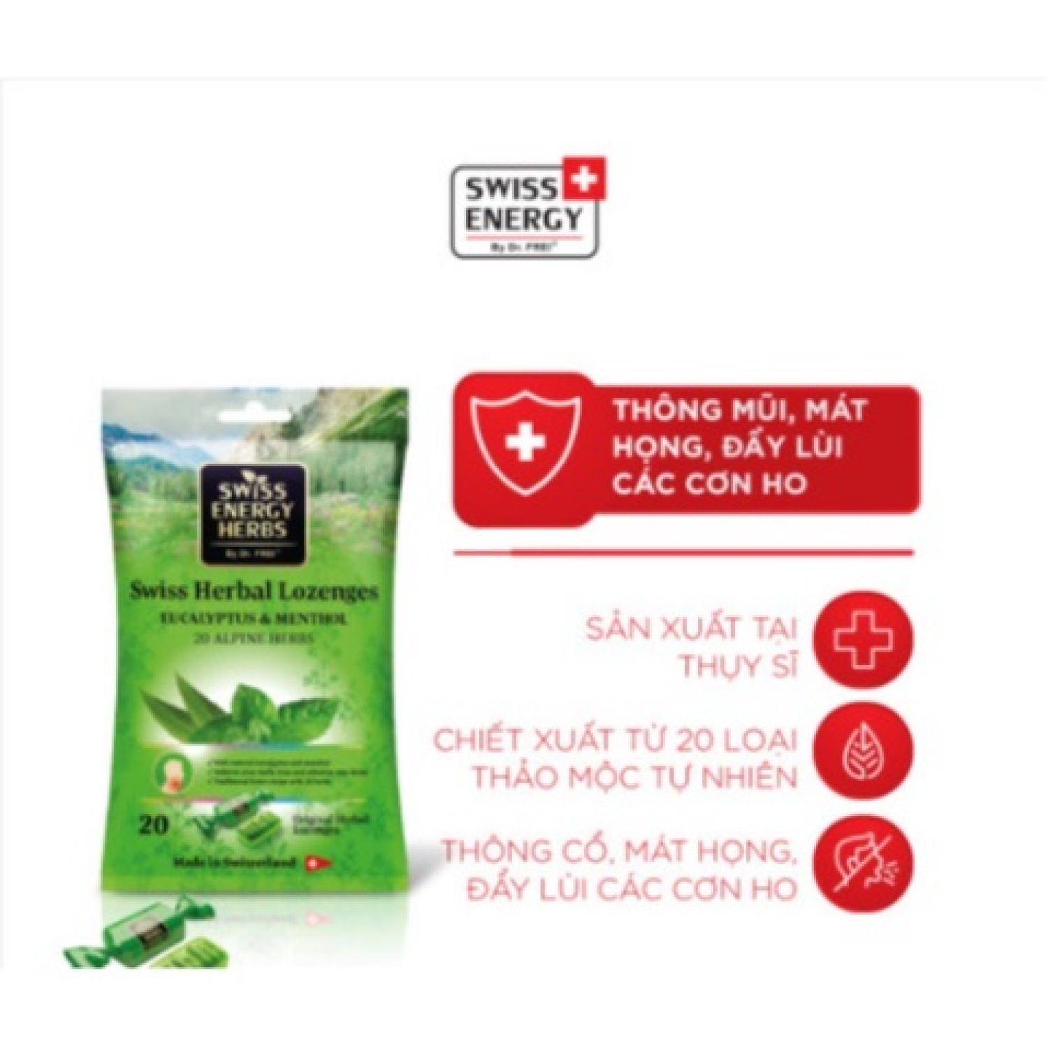 Kẹo Ngậm Giảm Ho Swiss Energy Thuỵ Sĩ chứa 20 Loại Thảo Mộc + Khuynh Diệp