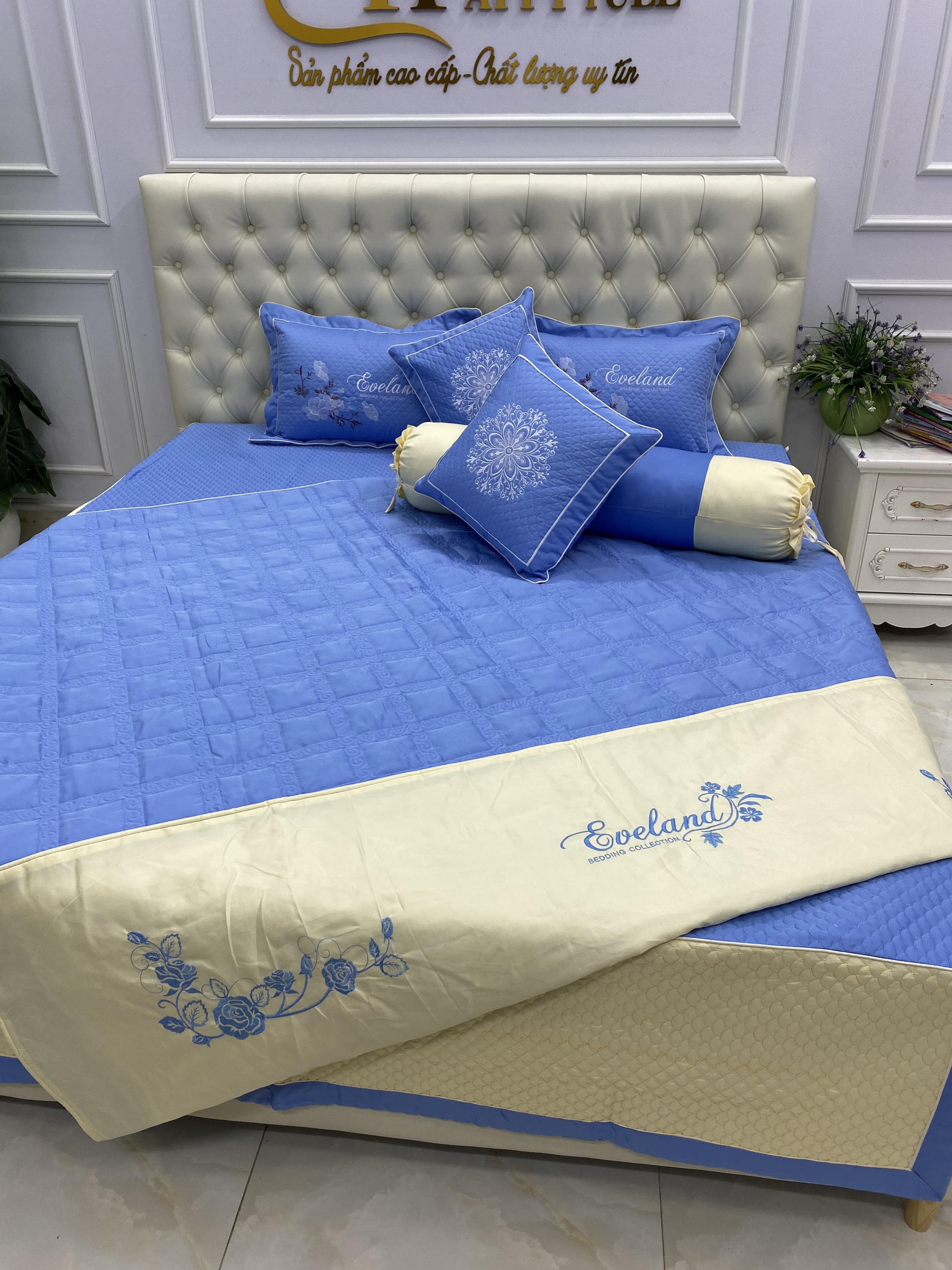 Bộ chăn ga cotton satin poly 7 món trần bông