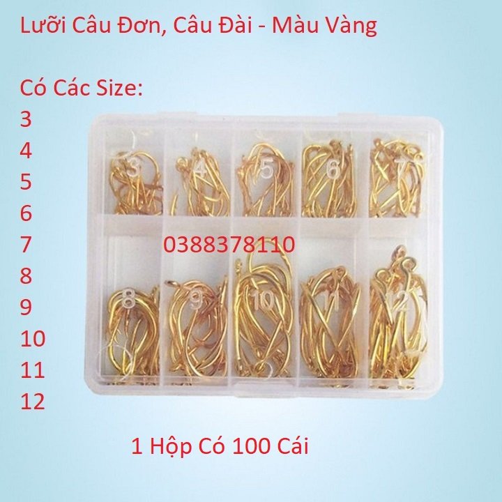 Lưỡi Hộp 100 Cái Màu Vàng, Lưỡi Câu Cá, Lưỡi Vàng, Lưỡi Câu Đài, Lưỡi Hộp Câu Đơn