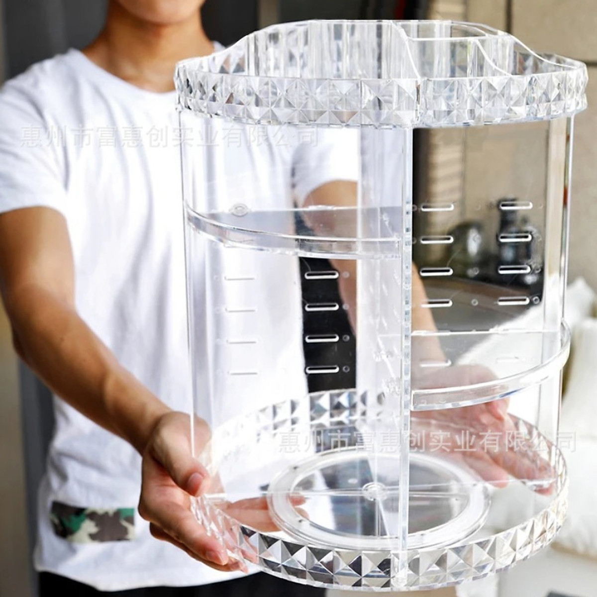 [HCM]Kệ Đựng Mỹ Phẩm Nhựa Ps Trong Suốt 3 Tầng Tròn Xoay 360 Độ Hoa Văn Kim Cương