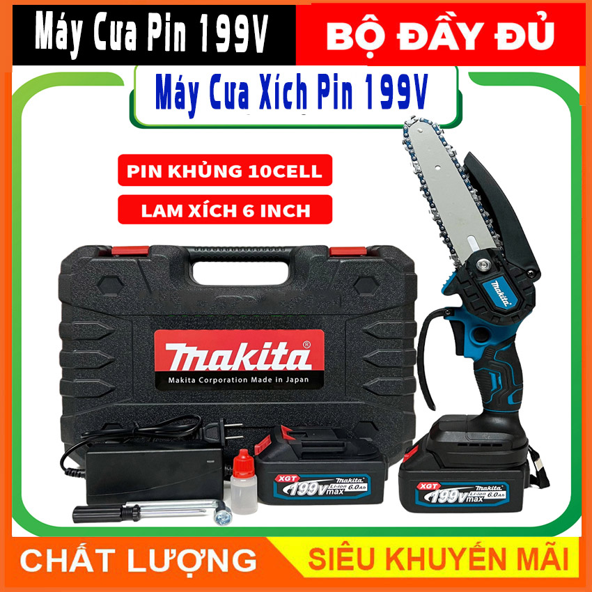 Máy cưa xích Makita 199V, máy cưa xích cầm tay mini makita Lam xích dài 18cm , lõi đồng 100%, pin 10 cell