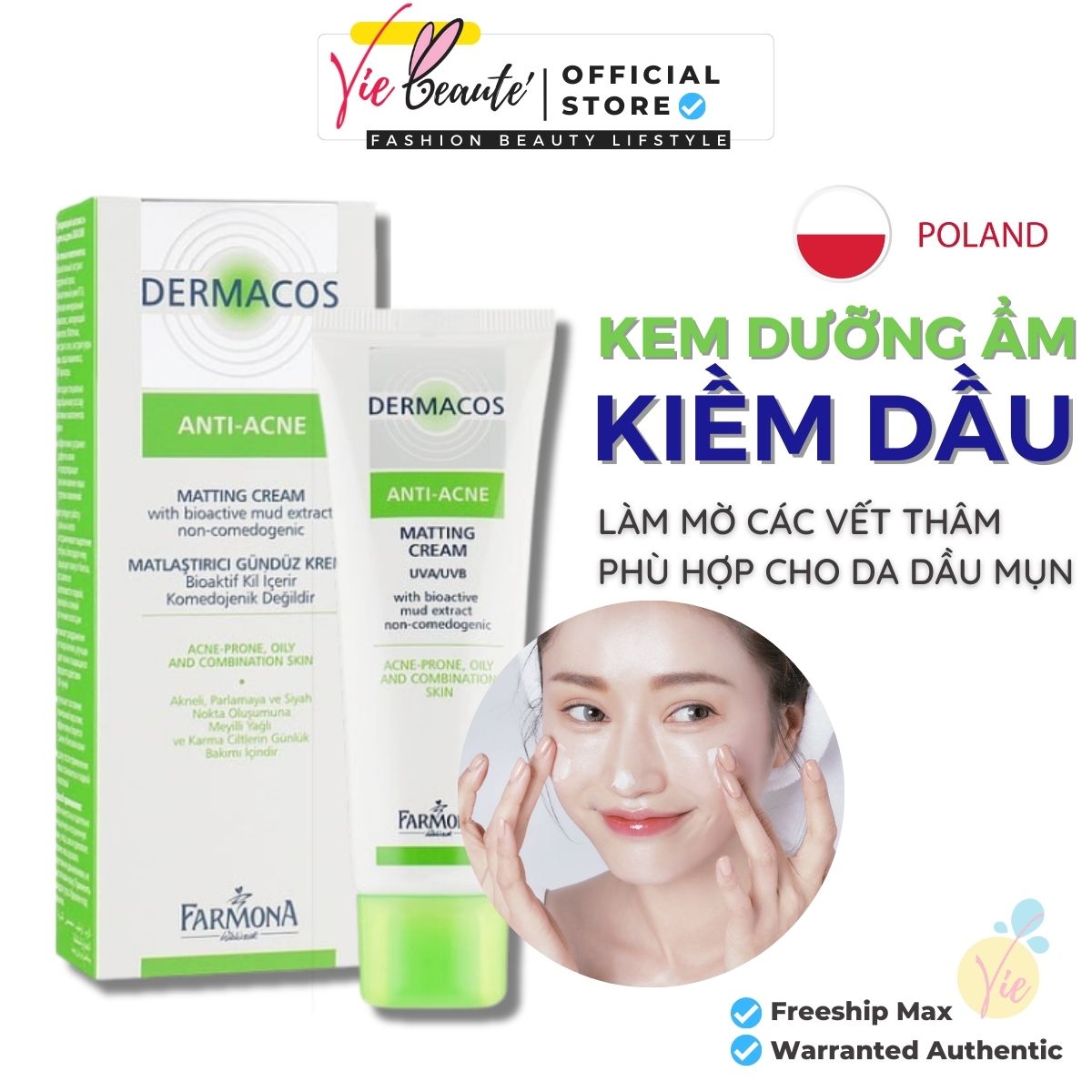 Kem Dưỡng Ẩm Dermacos Giảm Bóng Nhờn, Giảm Mụn Farmona Dermacos Anti Acne Matting Cream 50ml