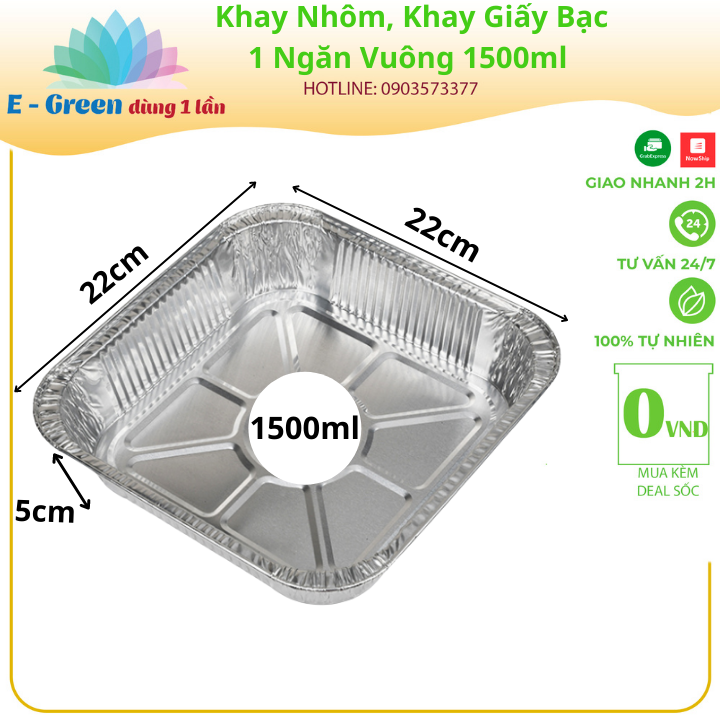 [Freeship+giảm giá 5K]Combo 10-50 Khay Nhôm, Khay Giấy Bạc 1 Ngăn Vuông 1500ml Có Nắp, Đựng Thực Phẩm, Đồ Nướng, Tiện Lợi-Egreendùng1lần