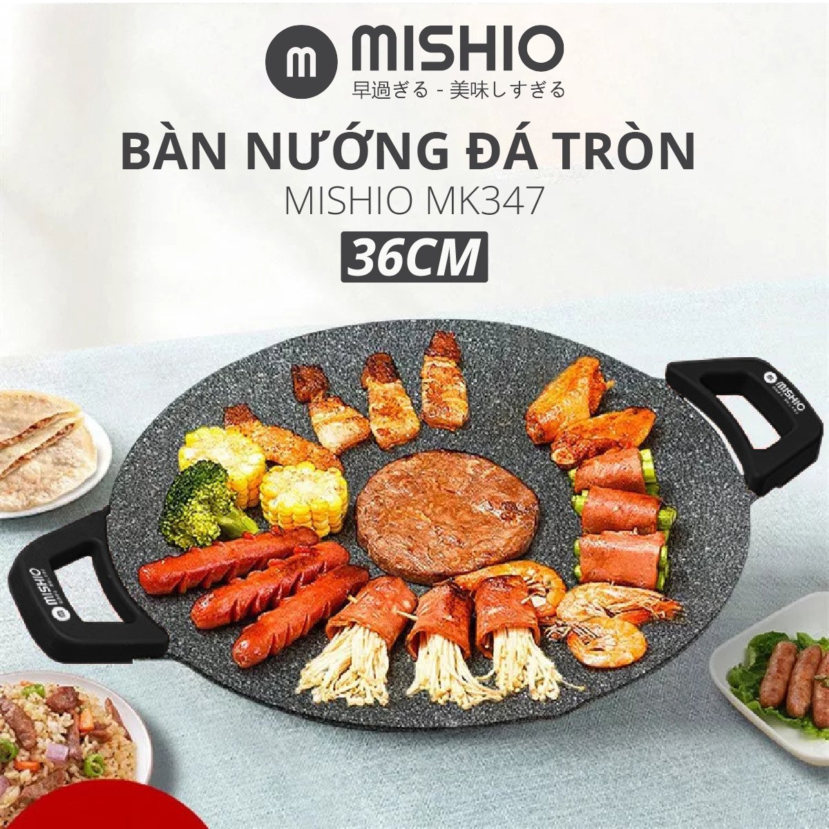 Bàn nướng điện men đá tròn 36cm Mishio MK347 kiểu dáng Hàn Quốc