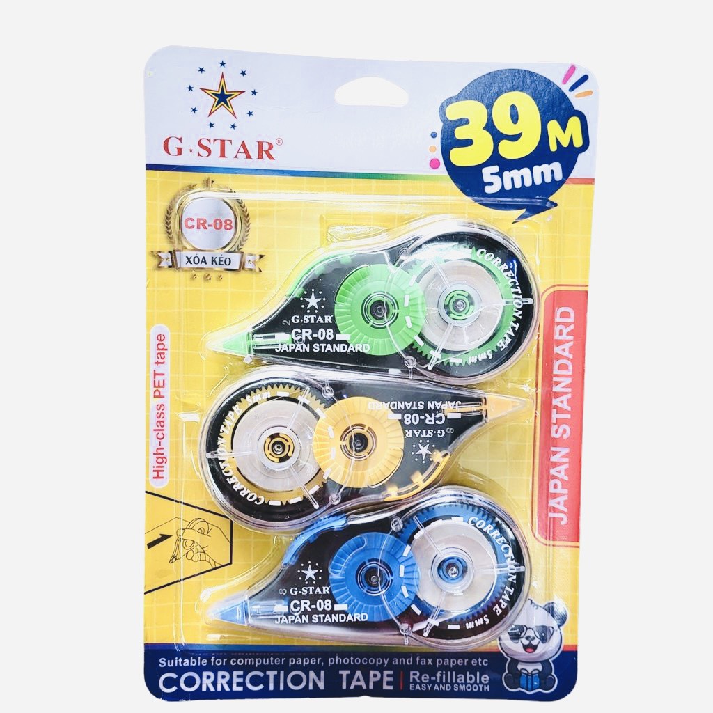 Bút viết xóa kéo vỉ 3 cây gstar cr-08 / cr08 / cr 08 khổ 5mm dài 39m