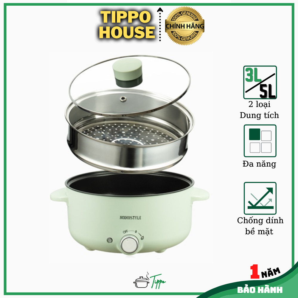 Nồi điện đa năng Nonostyle - Nấu cơm, lẩu, hấp, luộc, chiên xào tiện lợi - Nồi chống dính, vỏ cách nhiệt - BH 12 tháng