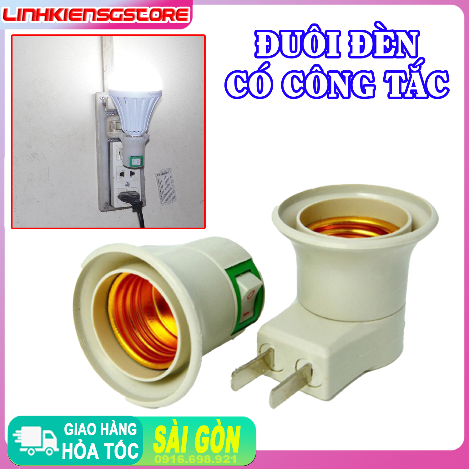 Đuôi đèn tròn đuôi xoáy e27 có công tắc không dây 2 chấu bằng nhựa cao cấp