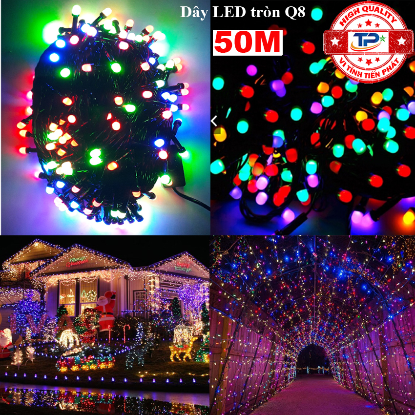 Dây đèn Led tròn Q8 dài 50m nhấp nháy nhiều màu dùng trang trí Sân Vườn, Gia Đình, Quán, Noel, ... Chúc Mừng Năm Mới quà Tết 2024