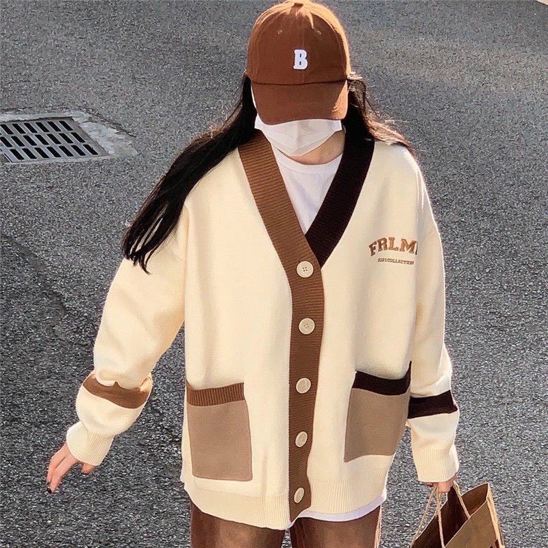 Áo Khoác Cardigan  phối Viền Xanh Nâu  Form Rộng